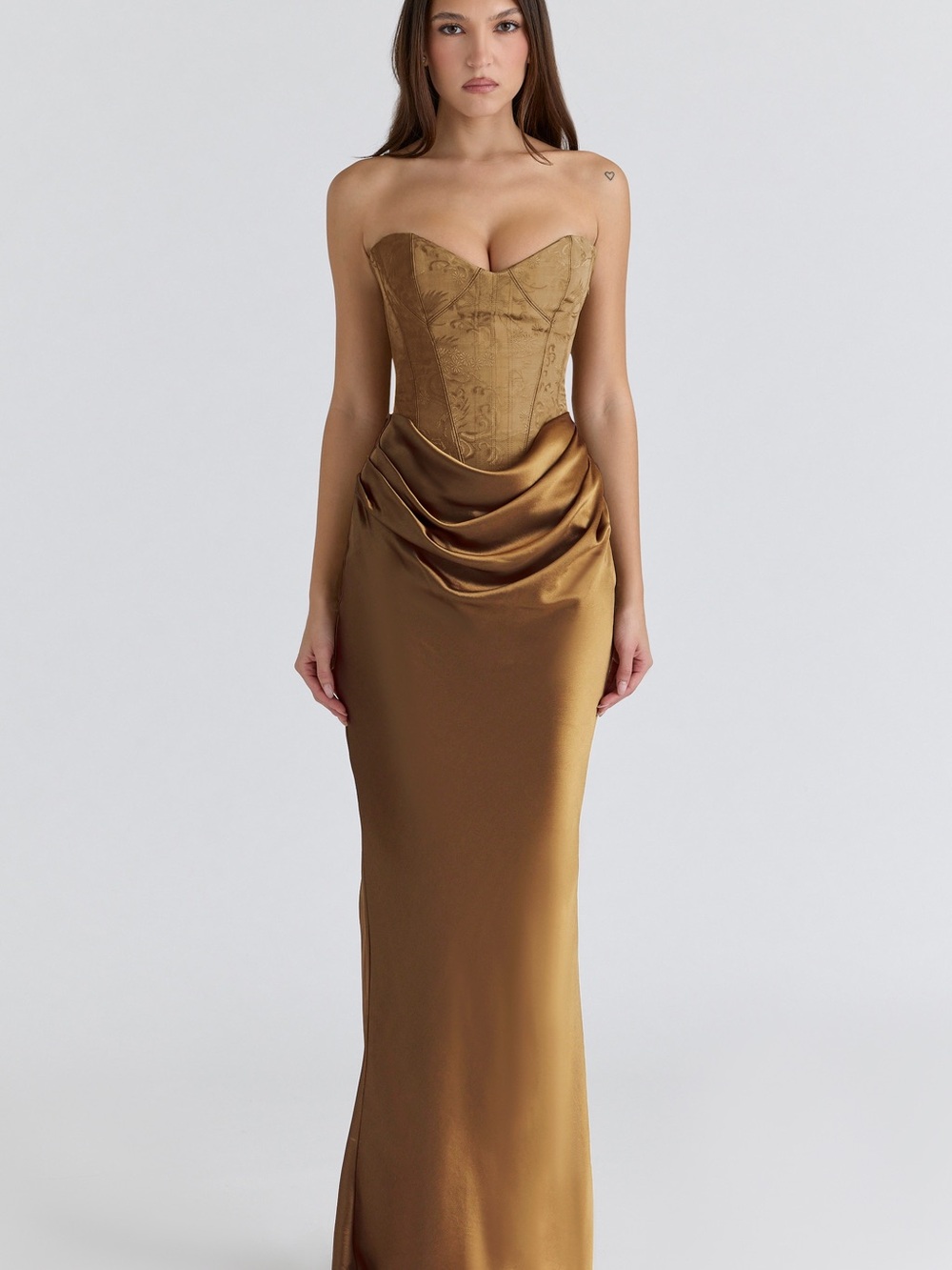 House of CB Strapless Satin Corset Gown in Bronze Gold